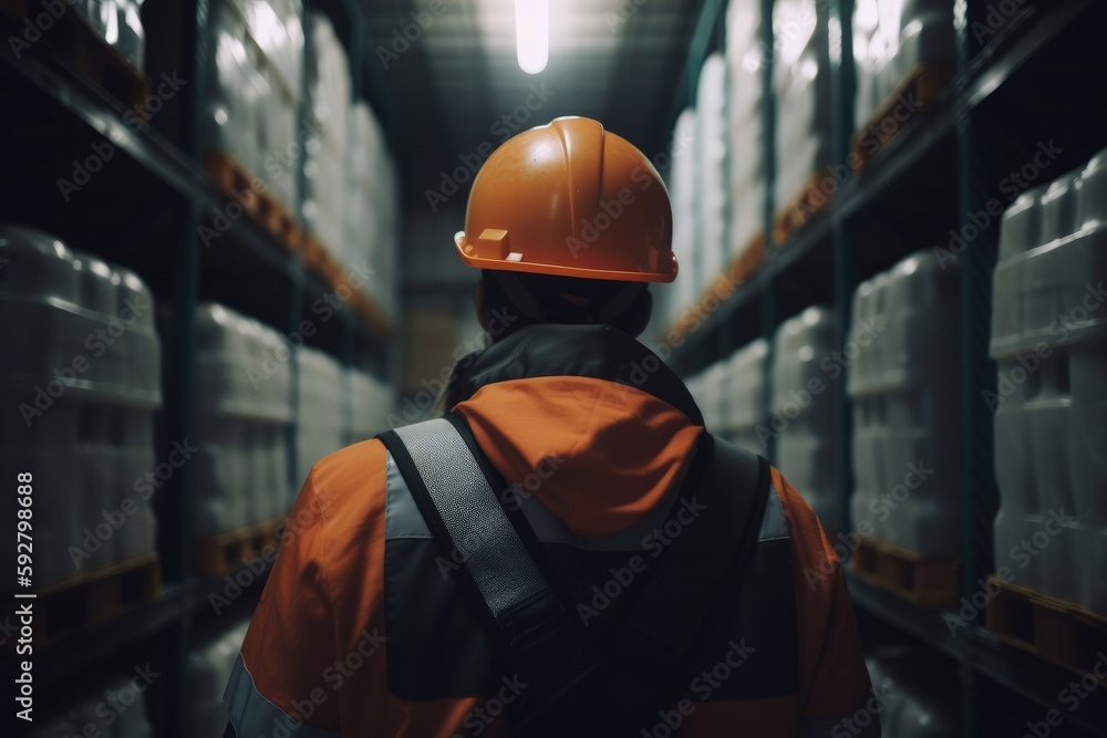 Worker from the back, with helmet and vest, inside a logistic warehouse. Generative AI