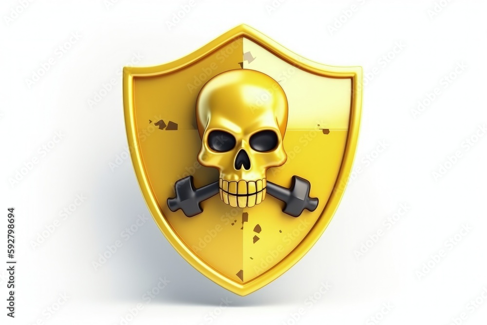 Illustration of yellow shield and skull, security concept, white background. Generative AI Illustration of yellow shield and skull, security concept, white background. Generative AI