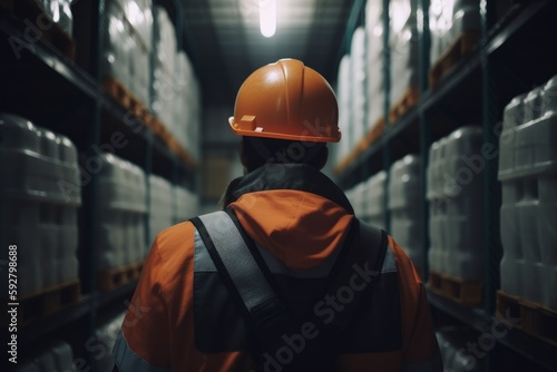 Worker from the back, with helmet and vest, inside a logistic warehouse. Generative AI © Deivison