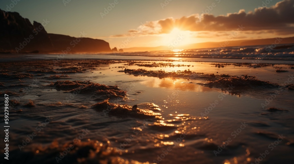 A photograph of a beach at sunset, featuring warm, golden light and long shadows. AI generative A photograph of a beach at sunset, featuring warm, golden light and long shadows. AI generative