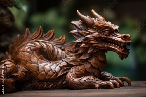 Dragon carved from mahogany wood. AI generated  human enhanced