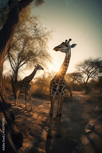 giraffes in the savannah at sunset