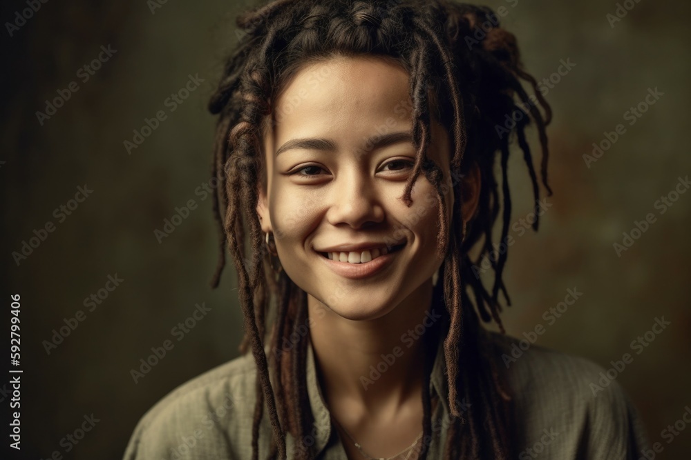 Portrait of a happy smiling pretty Asian woman with dreadlocks. AI generated, human enhanced Portrait of a happy smiling pretty Asian woman with dreadlocks. AI generated, human enhanced