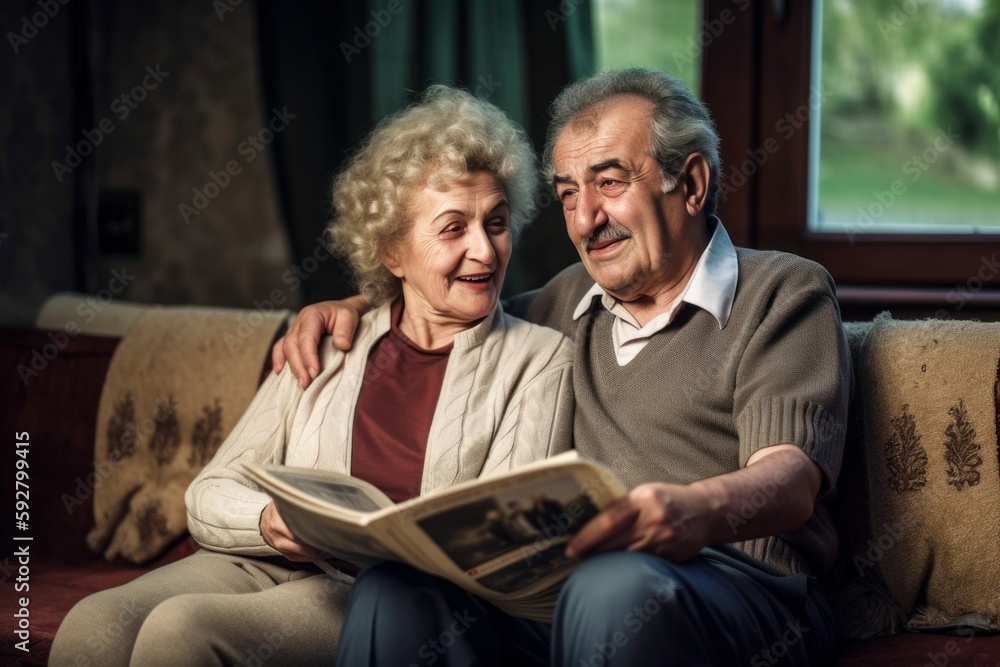 An older family, a couple of pensioners are reading a newspaper. AI generated, human enhanced An older family, a couple of pensioners are reading a newspaper. AI generated, human enhanced