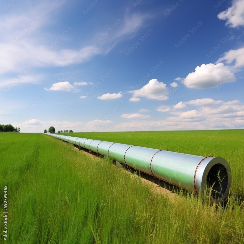 Metal pipeline against a green field and a blue sky. generative ai