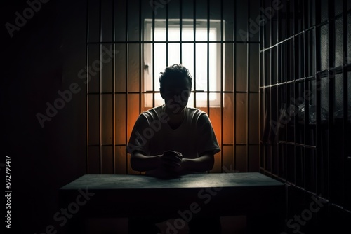 Hacker in prison cell. Selective focus. AI generated, human enhanced