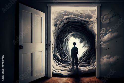 person, with troubled mind and delusional thoughts, trapped in room of twisted reality, created with generative ai photo