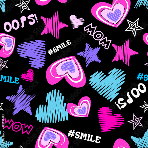 Funny colorful creative vector background with hearts, lines stars hand drawn, WOW, OOPS.  Seamless wallpaper for textile and fabric. 