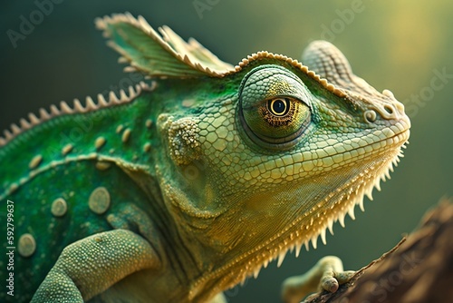 A close-up of a chameleon with green coloration. AI