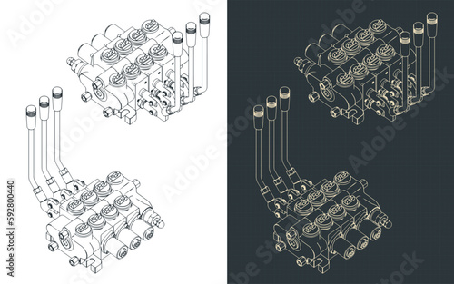Hydraulic directional control valve isometric blueprints