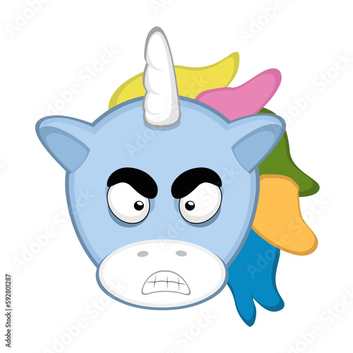vector illustration face of a cartoon unicorn with an angry expression