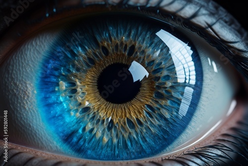 Realistic and beautiful close-up zoom of a human s blue eye. AI