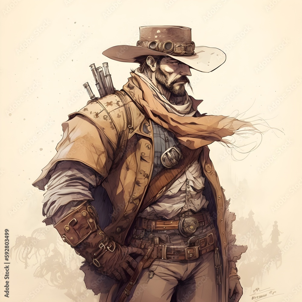 rugged bearded gunslinger leather armor fantasy desert tones miyazaki