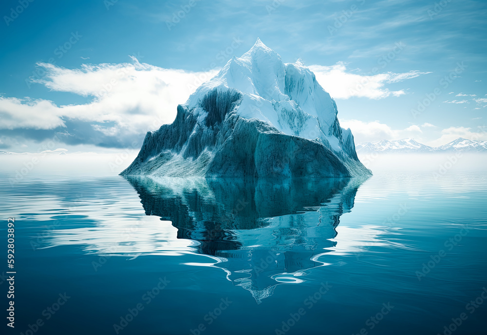 An iceberg floating in deep water on, a surrealistic landscape, frost punk, mirrored. Generative AI.
