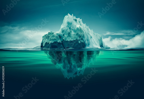 An iceberg floating in deep water on, a surrealistic landscape, frost punk, mirrored. Generative AI. 
