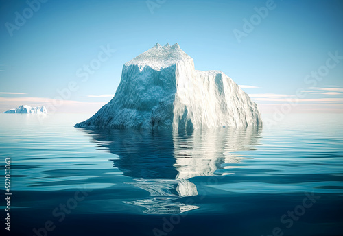 An iceberg floating in deep water on, a surrealistic landscape, frost punk, mirrored. Generative AI. 