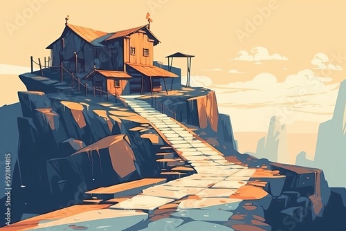 quaint mountain cottage perched atop a scenic peak. Generative AI