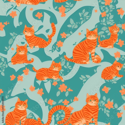 seamless pattern with cats and floral shapes made by Leonardo.ai