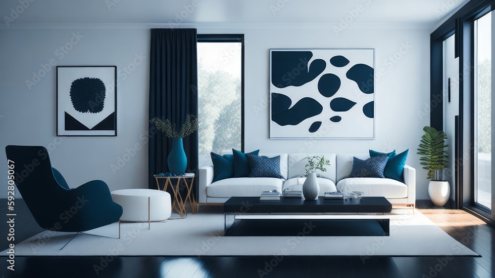Living room with furniture in colors contrasting with the environment Living room with furniture in colors contrasting with the environment