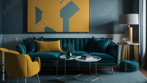 Living room with furniture in colors contrasting with the environment