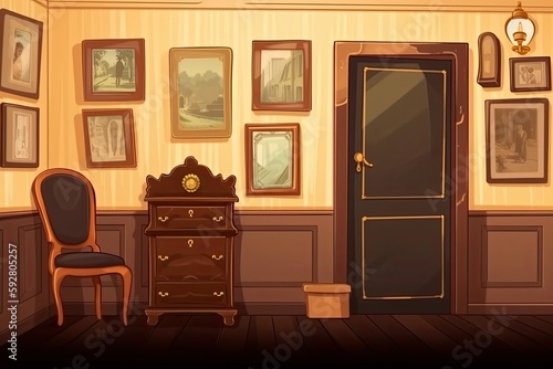 cozy bedroom with a vintage dresser and a gallery wall of pictures. Generative AI
