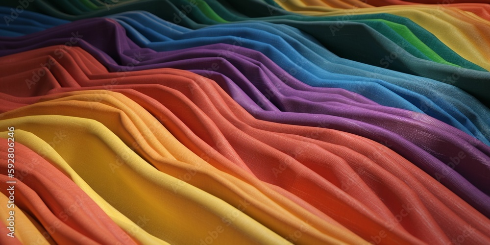 Spectacular photograph of bright rainbow fabric that simulates sand dunes, detailed in fabric texture, Generative IA