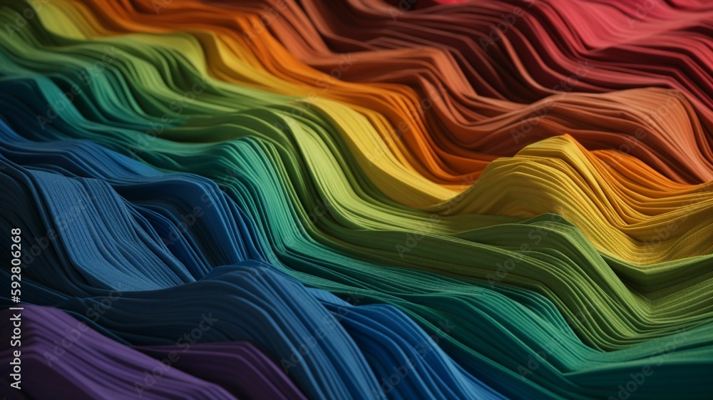 Fototapeta premium Spectacular photograph of bright rainbow fabric that simulates sand dunes, detailed in fabric texture, Generative IA