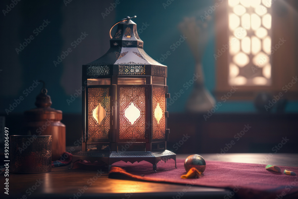 A glowing Ramadan lantern on a simple wooden table in a peaceful room, creating a warm and comforting atmosphere for iftar and Eid celebrations. AI Generative A glowing Ramadan lantern on a simple wooden table in a peaceful room, creating a warm and comforting atmosphere for iftar and Eid celebrations. AI Generative