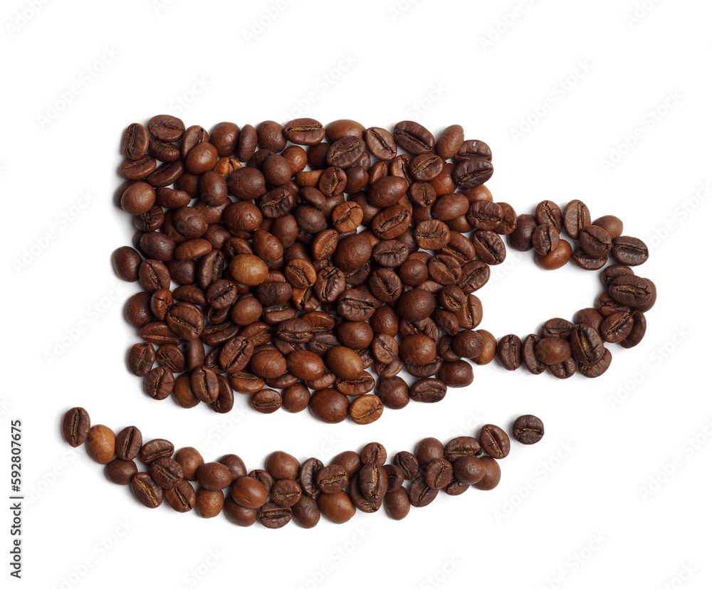 Cup of drink, composition made with coffee beans isolated on white, top view Cup of drink, composition made with coffee beans isolated on white, top view