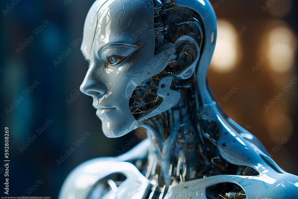 Detailed appearance of the deep green AI robot under white background. Concept 3D CG of automatic operation, optimization and block chain. Created with Generative AI.