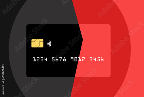 A red and black credit card or debit card that is generic is seen on a corresponding red and black background.