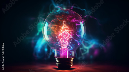 Light bulb with neon lights, abstract glowing background, digital illustration Generative AI