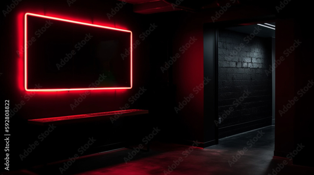Fototapeta premium Rectangle red neon light on black wall Generative AI