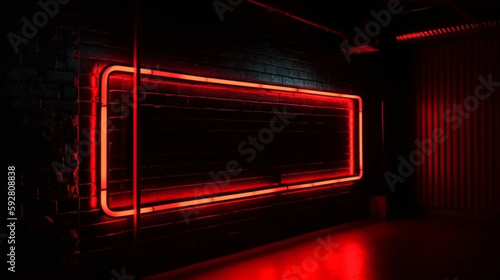 Rectangle red neon light on black wall Generative AI © Jawed Gfx