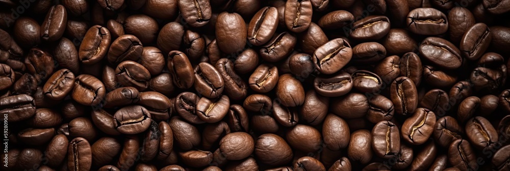 Obraz premium full frame from above close-up of roasted coffee beans. Generative AI