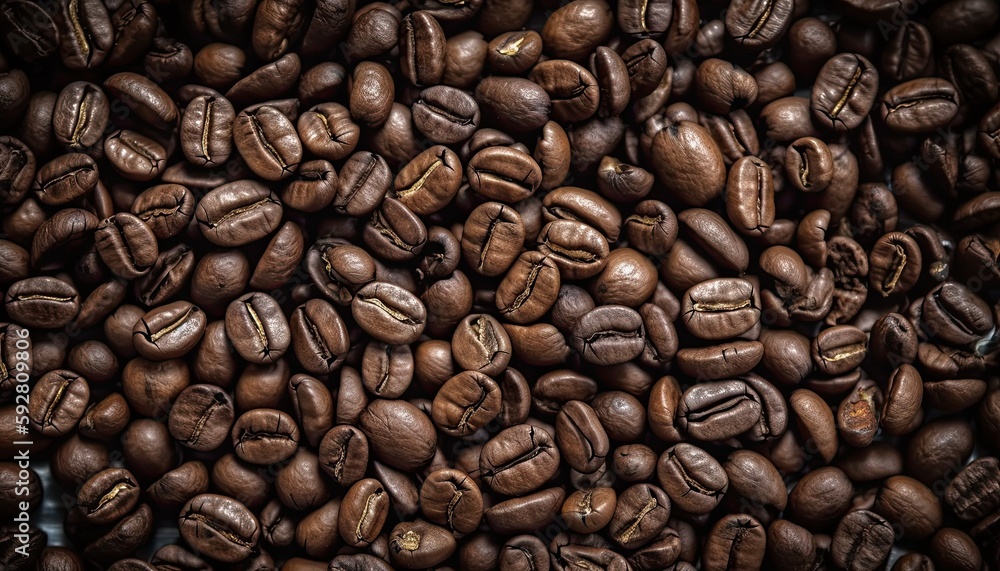 Obraz premium full frame from above close-up of roasted coffee beans. Generative AI