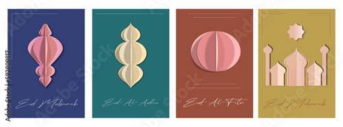 Cut paper elements, decorations and mosque, set of abstract cards, collection of Eid Mubarak greeting postcards in minimalist style