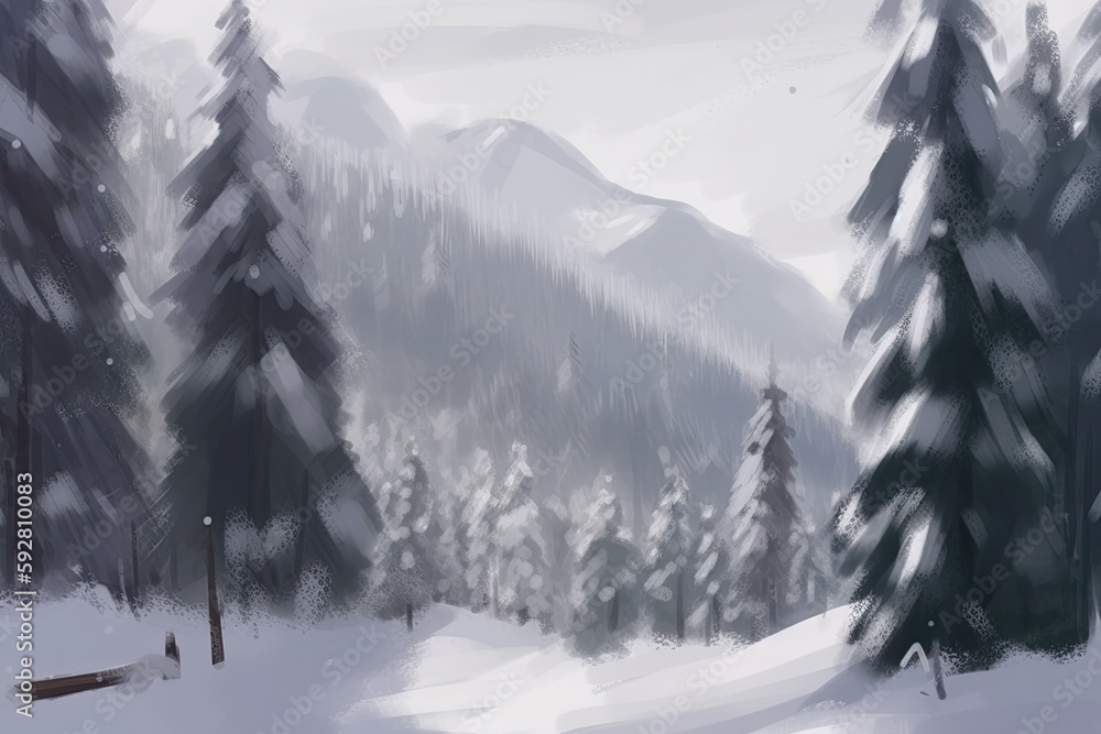 serene winter landscape with snow-capped mountains. Generative AI