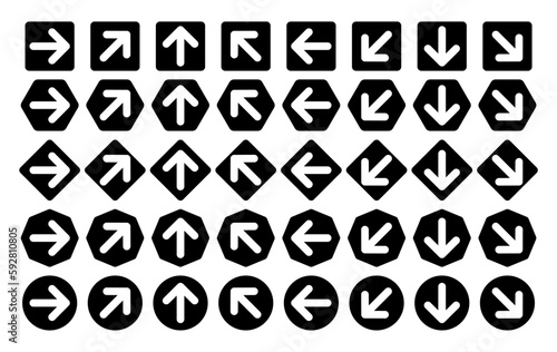 Set of white arrows framed by various black shape. Arrow icon.