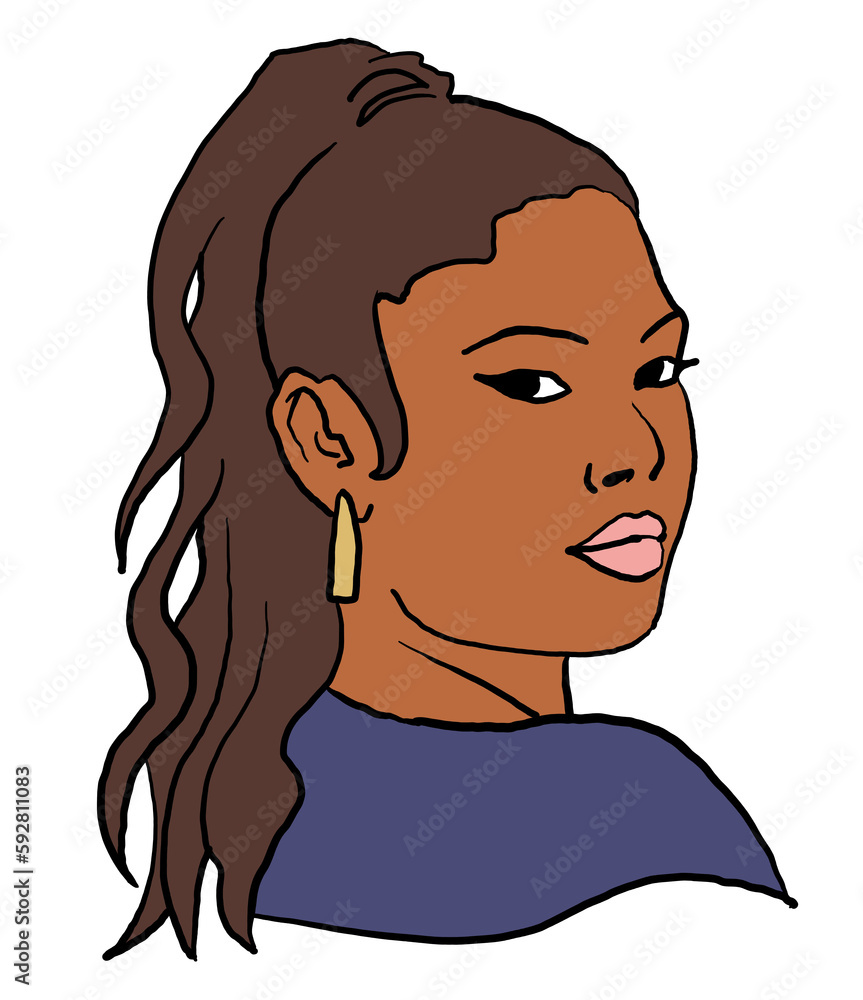 Beautiful young black woman smiling with white teeth. Model girl for beauty salon, hairdressing, cosmetic shop. Girl with long dark hair and big eyes. Hand drawn illustration. Cartoon style drawing. Beautiful young black woman smiling with white teeth. Model girl for beauty salon, hairdressing, cosmetic shop. Girl with long dark hair and big eyes. Hand drawn illustration. Cartoon style drawing.