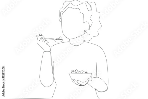 A woman having breakfast with a bowl of cereal. Breakfast one-line drawing