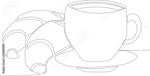 Two pieces of croissants and a cup of tea for breakfast. Breakfast one-line drawing