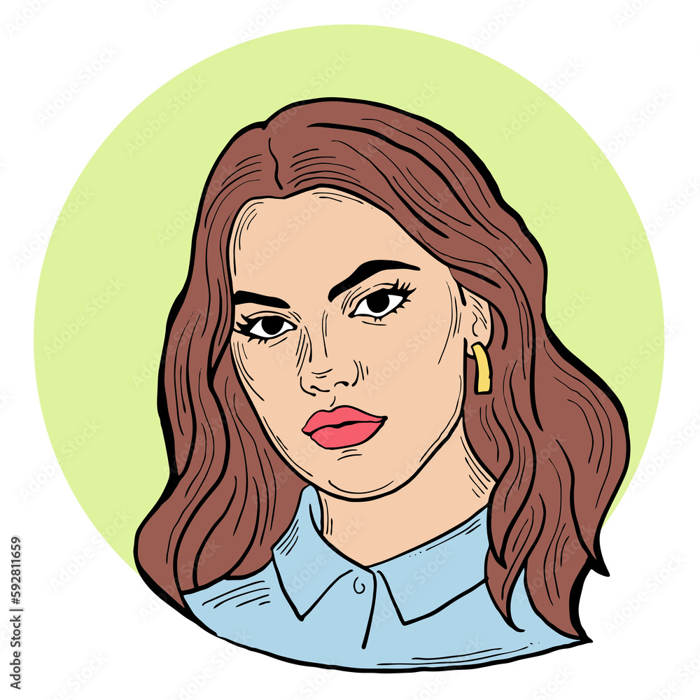 Beautiful young woman looking serious. Model blond girl for beauty salon, hairdressing, cosmetic shop. Girl with long blond hair and big eyes. Hand drawn illustration. Comic cartoon style drawing. Beautiful young woman looking serious. Model blond girl for beauty salon, hairdressing, cosmetic shop. Girl with long blond hair and big eyes. Hand drawn illustration. Comic cartoon style drawing.