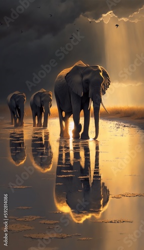 Canvas Print Photo of a herd of elephants trekking across a sandy beach by the ocean