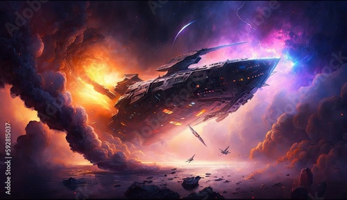 Fototapeta Naklejka Na Ścianę i Meble -  Abstract spaceship crashing through a solar storm. Dramatic explosions on an alien space planet.