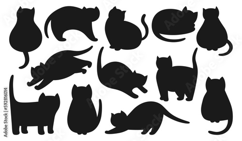 Cats cute silhouette set. Kitty shape purebred with different poses and emotions collection. Stamp figure cats sleeping, stretching and playing. Kitten characters pet animals isolated vector