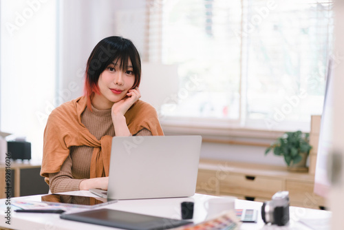 Website designer, Creative planning phone app development template layout framework wireframe design, User experience concept, Young asian woman UX designer working on smartphone application at office