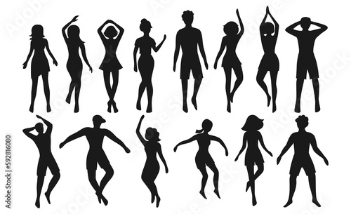 Group people dancing silhouette set. Figure happy active young men and women simple cartoon collection. Club party dancer different poses, happy girls, boys shape, shadow. Vector birthday celebration