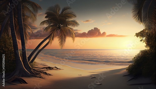 Silhouette of palm trees Beautiful sunset on the tropical sea beach Created with Generative AI