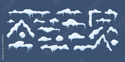 Snow cap set. Collection of snowdrifts on roofs of houses. Winter season and cold weather. Symbol of New Year and Christmas holidays. Cartoon flat vector illustrations isolated on blue background